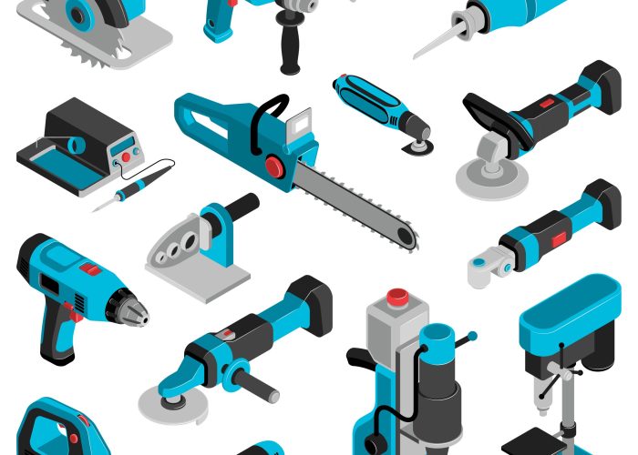 Electric machine and tools isometric set jigsaw, saber saw angle grinder drilling machine isolated vector illustration